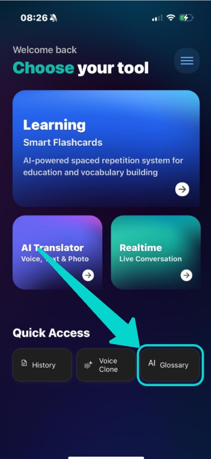 Home screen showing Glossary button in Quick Access